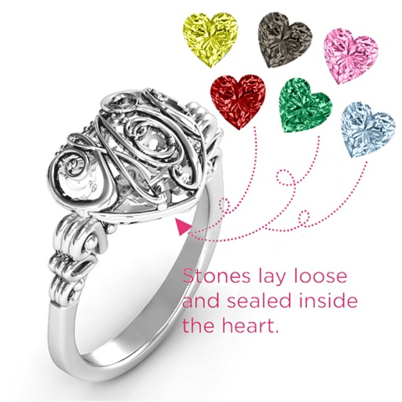 Cursive Mom caged hearts ring with butterfly wings band