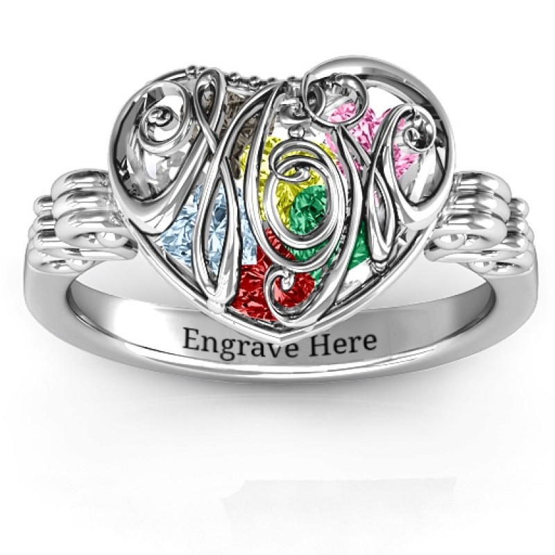 Cursive Mom caged hearts ring with butterfly wings band