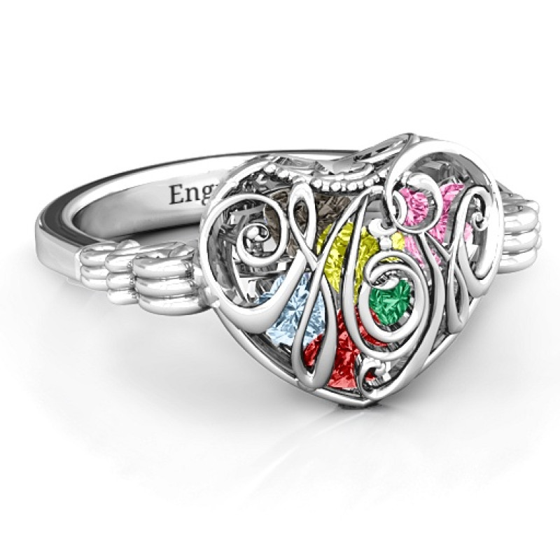 Cursive Mom caged hearts ring with butterfly wings band