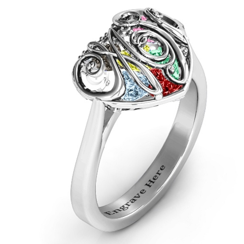 Cursive Mom Caged Hearts Ring with Ski Tip Band Cursive Mom Caged Hearts Ring with Ski Tip Band product view