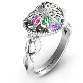 Sterling Silver Butterfly Caged Hearts Ring with Infinity Band Sterling Silver Butterfly Caged Hearts Ring with Infinity Band