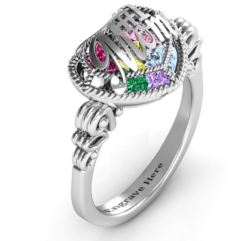 Mom Caged Hearts Ring with Butterfly Wings Band Mom Caged Hearts Ring with Butterfly Wings Band product image