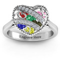 Sparkling Hearts Caged Hearts Ring with Ski Tip Band Sparkling Hearts Caged Hearts Ring with Ski Tip Band