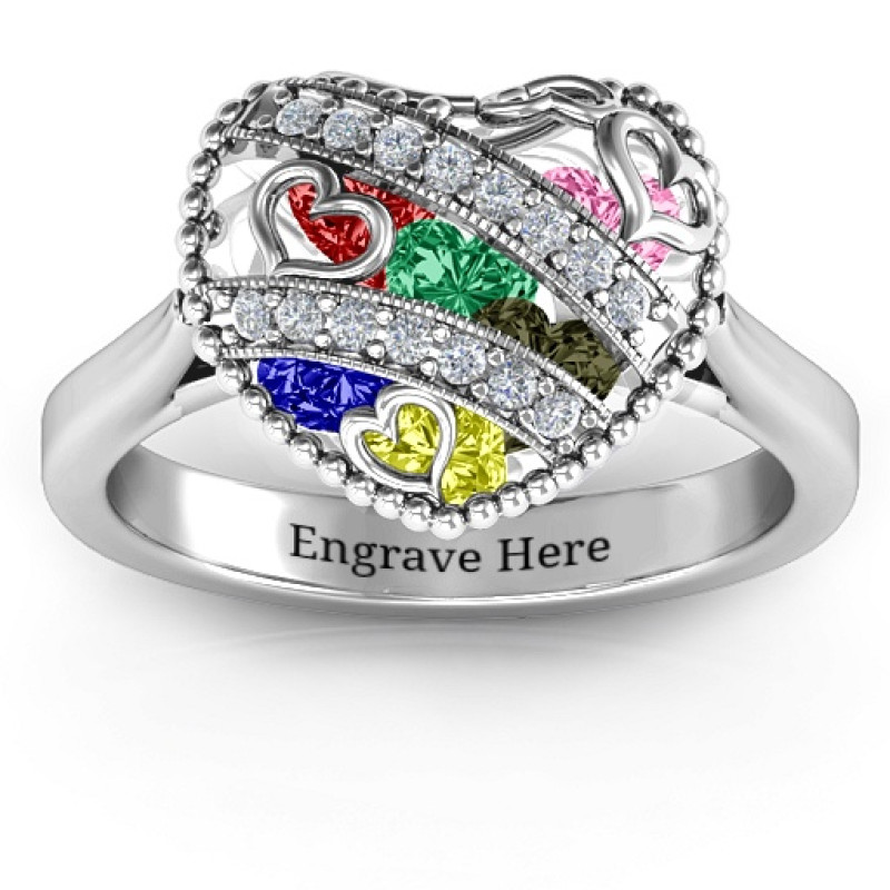 Sparkling Hearts Caged Hearts Ring with Ski Tip Band Sparkling Hearts Caged Hearts Ring with Ski Tip Band
