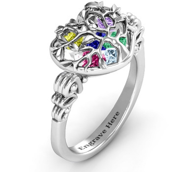 Family Tree Caged Hearts Ring with Butterfly Wings Band Family Tree Caged Hearts Ring with Butterfly Wings Band