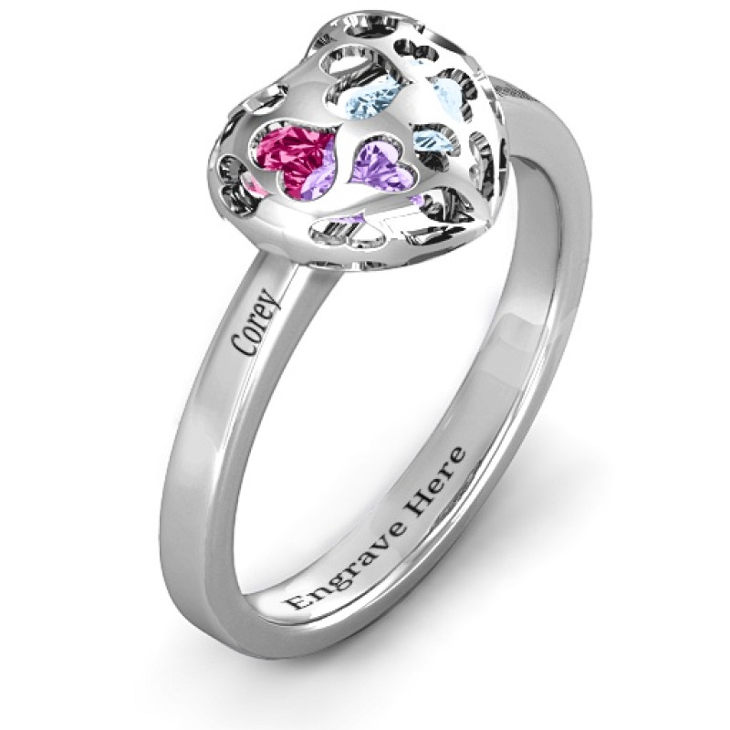 Petite Caged Hearts Ring View Petite caged hearts ring with heart cut-out cage