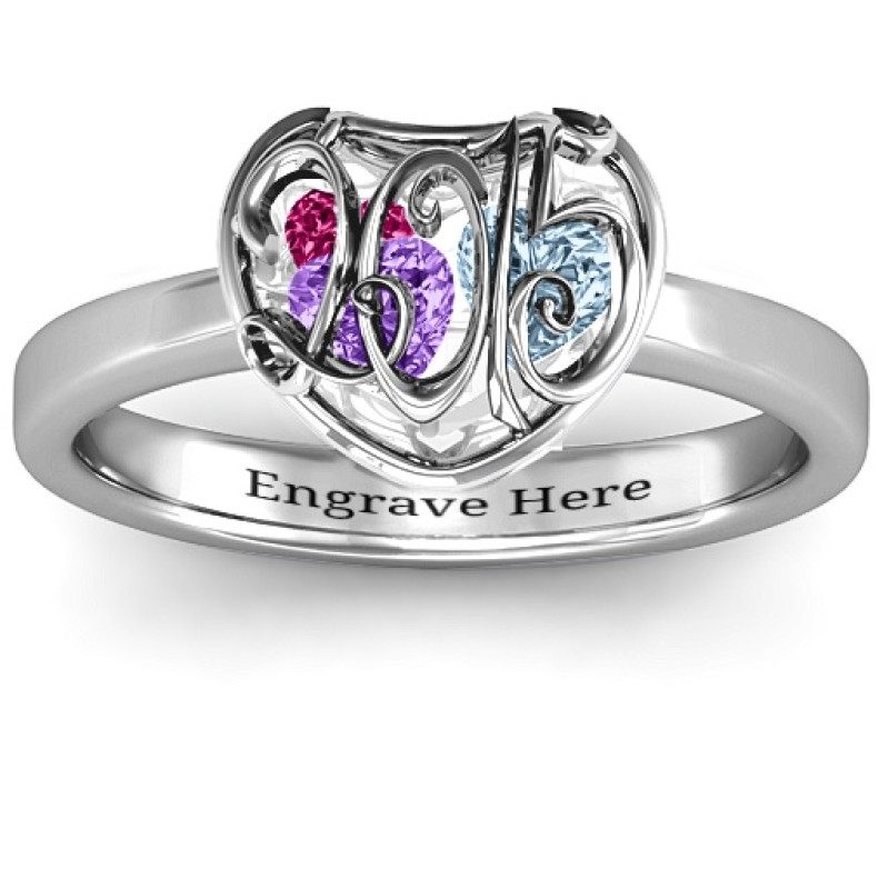 Petite Caged Hearts Ring with Classic with Engravings Band Petite Caged Hearts Ring with Classic with Engravings Band