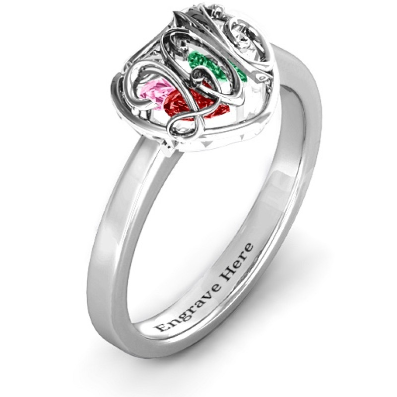 Petite caged hearts ring with a classic engraved band