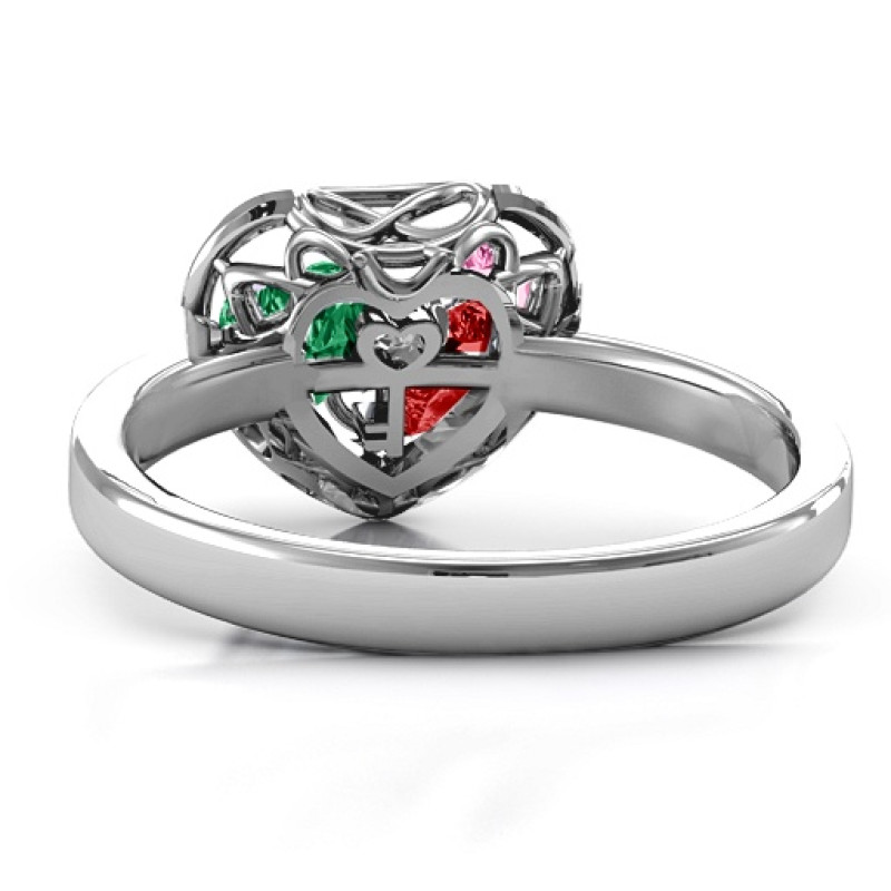 Petite caged hearts ring with a classic engraved band