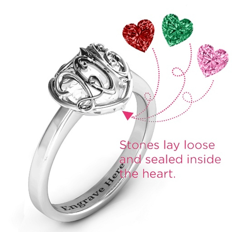 Petite caged hearts ring with a classic engraved band