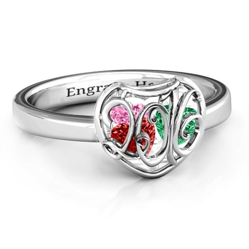 Petite caged hearts ring with a classic engraved band