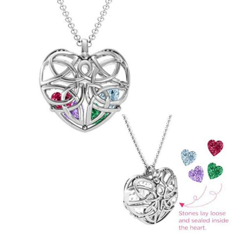 Celtic Trinity Knot Cage Heart Necklace Celtic Trinity Knot cage heart pendant necklace with heart-cut stones