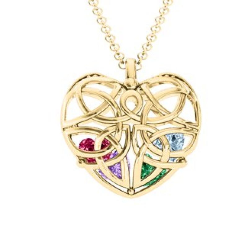 Celtic Trinity Knot Cage Heart Necklace Celtic Trinity Knot cage heart pendant necklace with heart-cut stones