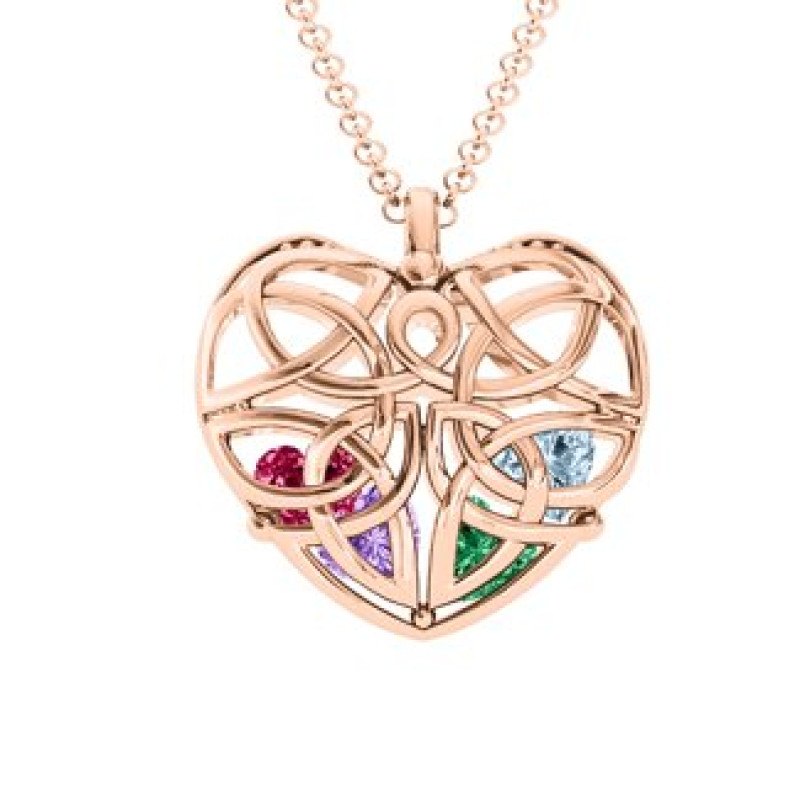 Celtic Trinity Knot Cage Heart Necklace Celtic Trinity Knot cage heart pendant necklace with heart-cut stones