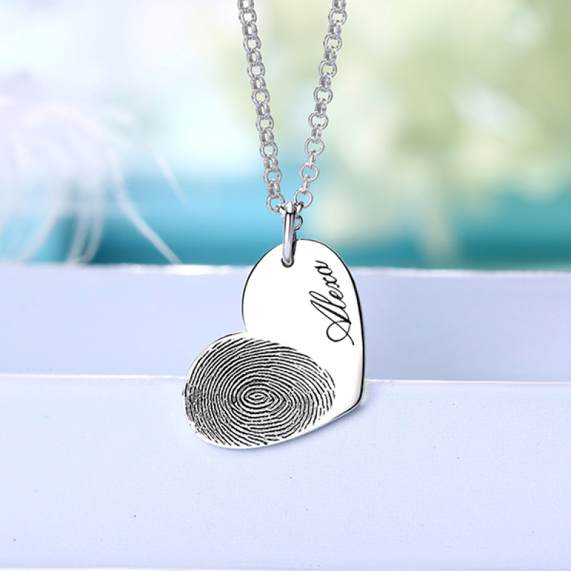 Personalised Fingerprint Heart Necklace in Sterling Silver Personalised sterling silver heart necklace with fingerprint engraving
