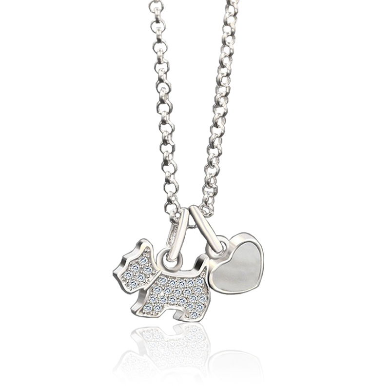 Paw-Fect Dog Pendant Necklace with Zircon and Onyx Sterling silver necklace featuring a zircon-studded dog pendant and polished onyx heart charm