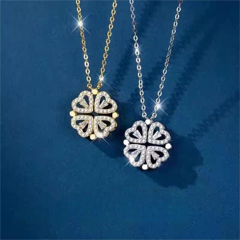 Four-leaf clover heart pendant necklace with sparkling crystals