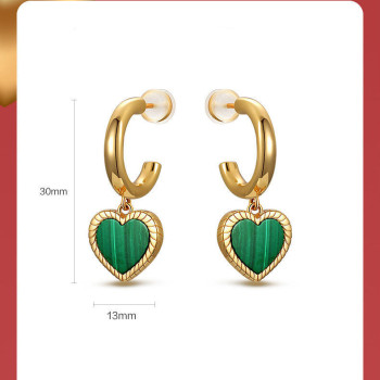 18ct Gold Plated Hoop Earring With Malachite Heart Charm Dangle Earrings