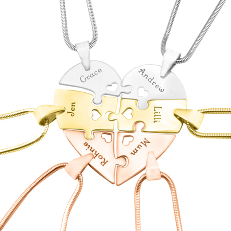 Three-Tone Hexa Heart Puzzle Necklace Detail Three-tone six-piece heart puzzle necklace detail