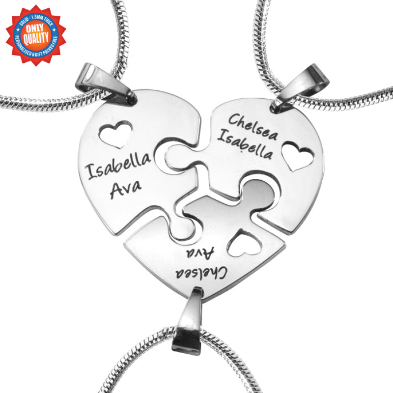 Three personalised heart puzzle pendants that connect to form a heart