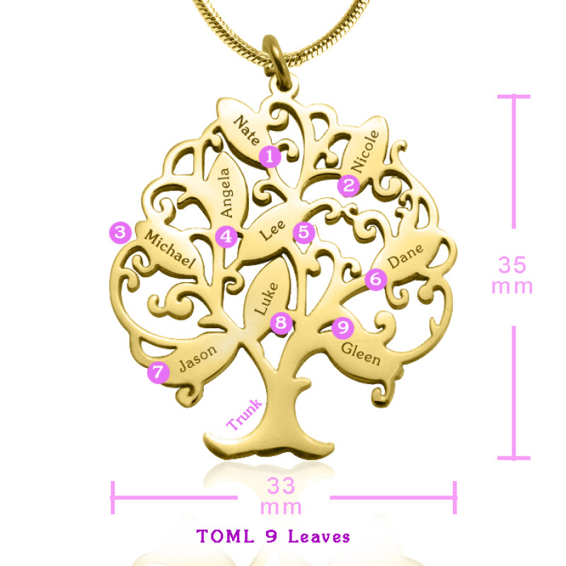 Close-up view of the Personalised Tree of My Life Necklace 9 in gold finish