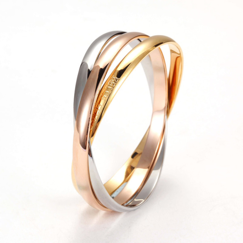 Three Tone Bangle Set Three-tone bangle set showing silver, yellow gold and rose gold bangles