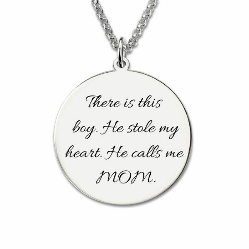 Round photo necklace with engraved text