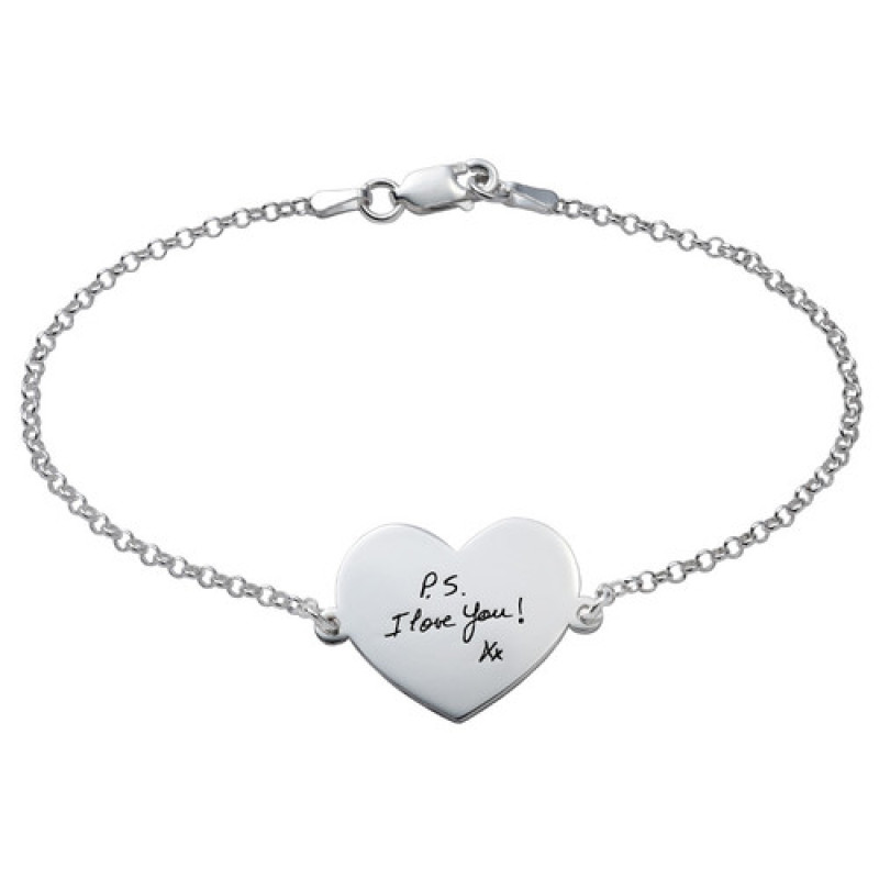 Heart-shaped engraved handwriting bracelet with a Rolo chain