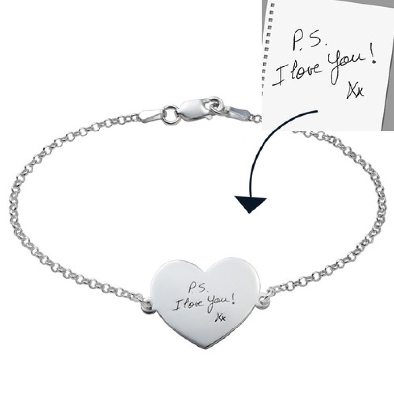 Heart-shaped engraved handwriting bracelet with a Rolo chain