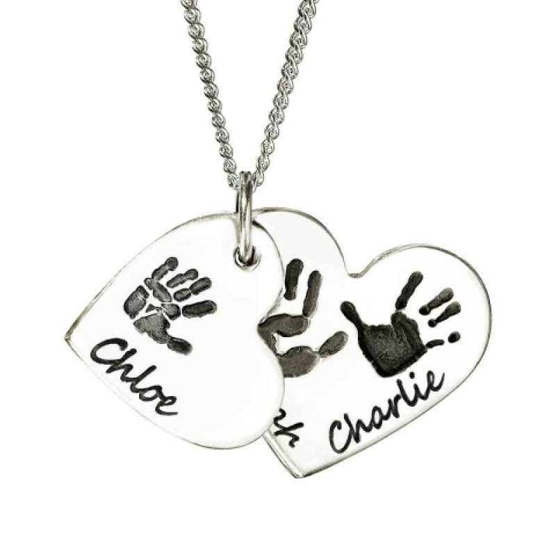 Personalised Sterling Silver Double Heart Print Pendant Sterling silver double-heart hand or footprint pendant