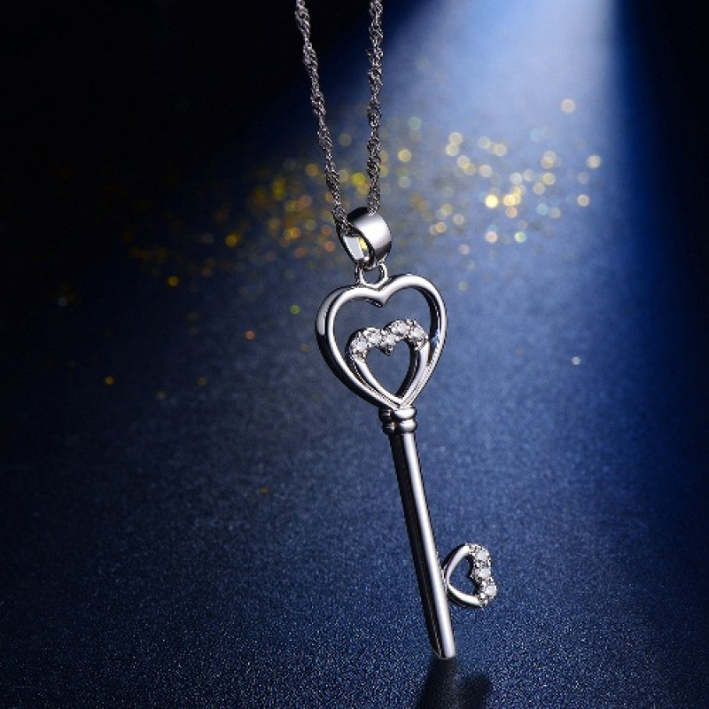 Sterling Silver Double Heart Key Pendant Necklace Sterling silver key pendant necklace with a double-heart detail
