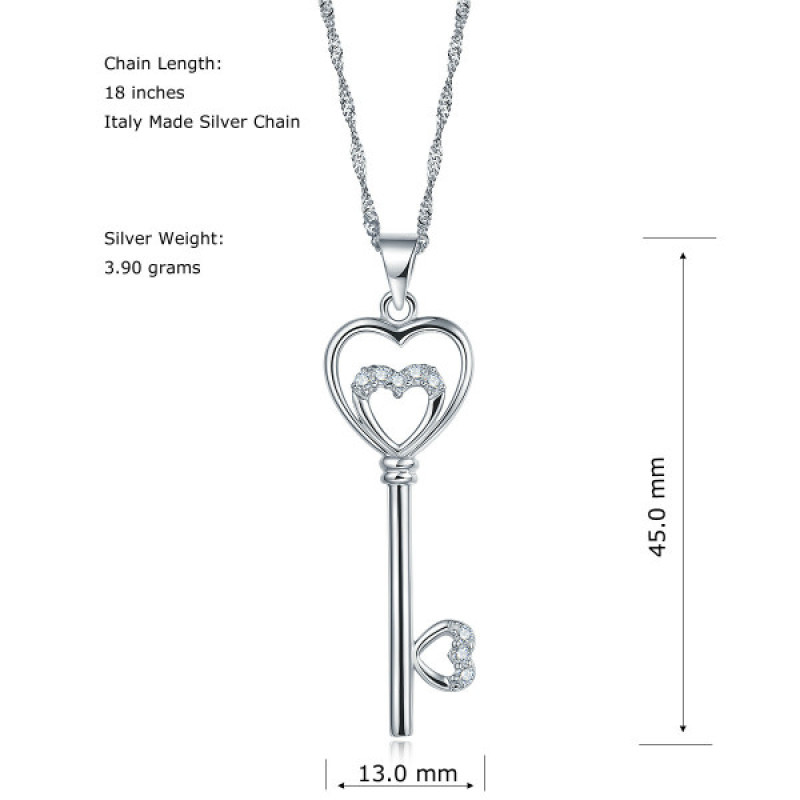 Sterling Silver Double Heart Key Pendant Necklace Sterling silver key pendant necklace with a double-heart detail