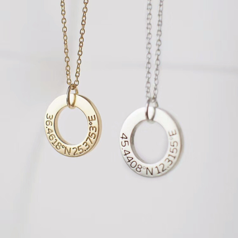 Personalised circle washer necklace with hand-stamped text
