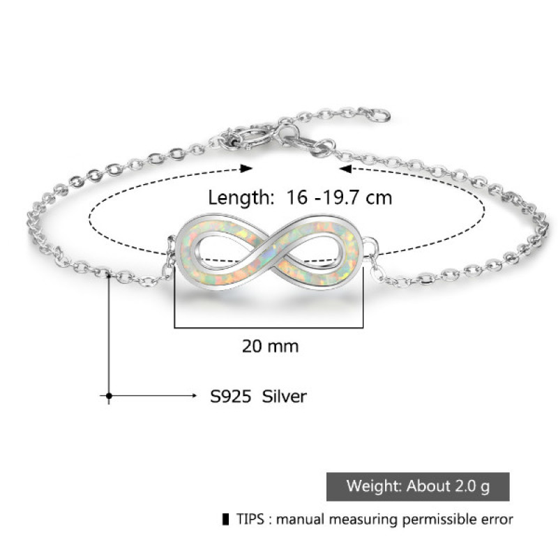 White opal infinity bracelet with personalised engraving in sterling silver