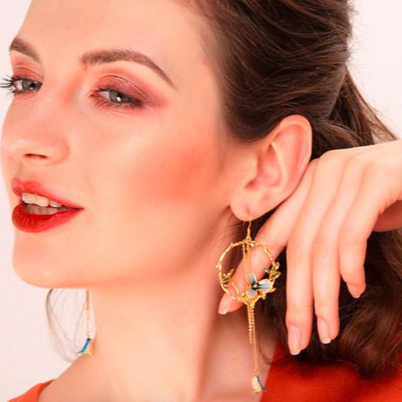 Enamel Flower and Bird Tassel Drop Earrings Long tassel hook drop earrings with enamel flower and bird