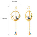 Enamel Flower and Bird Tassel Drop Earrings Long tassel hook drop earrings with enamel flower and bird