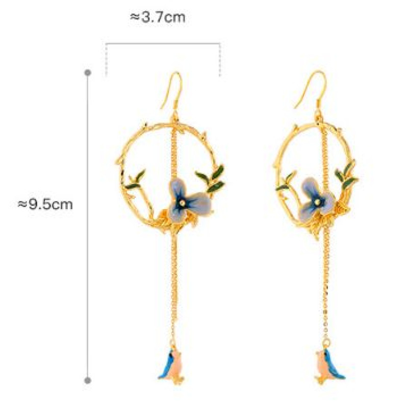 Enamel Flower and Bird Tassel Drop Earrings Long tassel hook drop earrings with enamel flower and bird