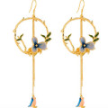 Enamel Flower and Bird Tassel Drop Earrings Long tassel hook drop earrings with enamel flower and bird
