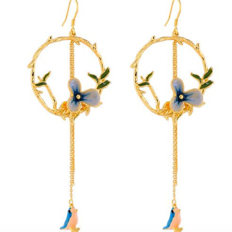 Enamel Flower and Bird Tassel Drop Earrings Long tassel hook drop earrings with enamel flower and bird