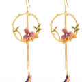 Enamel Flower and Bird Tassel Drop Earrings Long tassel hook drop earrings with enamel flower and bird