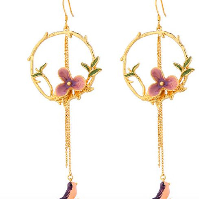 Enamel Flower and Bird Tassel Drop Earrings Long tassel hook drop earrings with enamel flower and bird