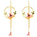 Enamel Flower and Bird Tassel Drop Earrings Long tassel hook drop earrings with enamel flower and bird
