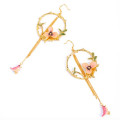 Enamel Flower and Bird Tassel Drop Earrings Long tassel hook drop earrings with enamel flower and bird