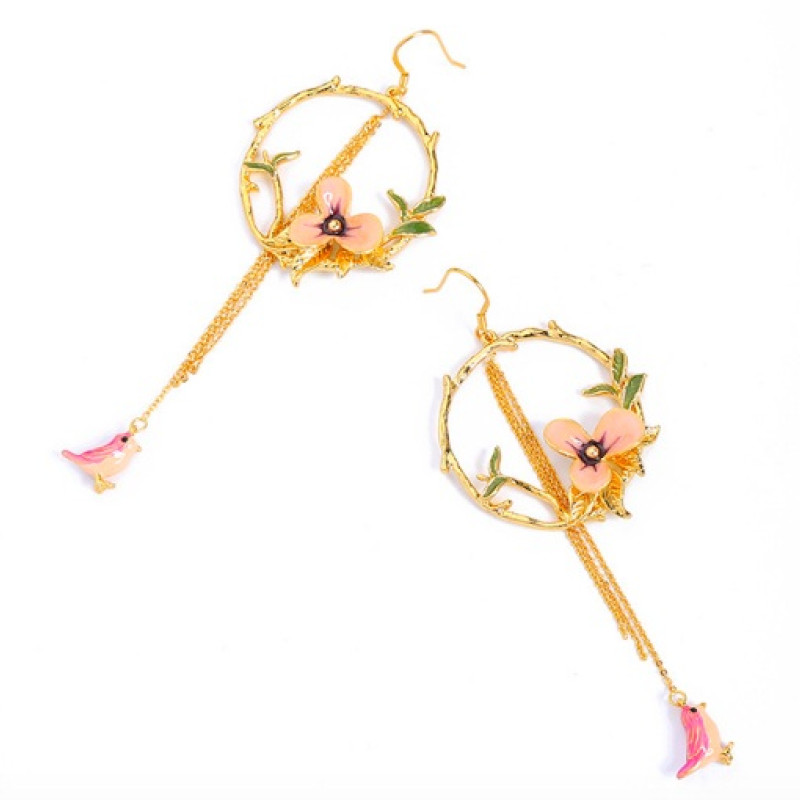 Enamel Flower and Bird Tassel Drop Earrings Long tassel hook drop earrings with enamel flower and bird