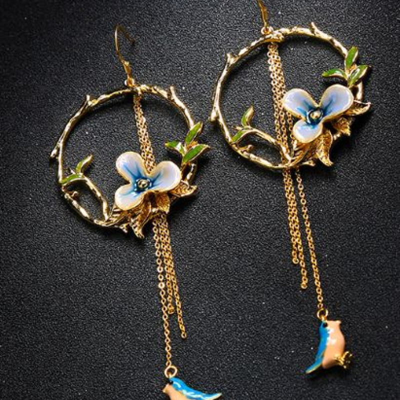 Enamel Flower and Bird Tassel Drop Earrings Long tassel hook drop earrings with enamel flower and bird