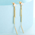 Gold-plated sterling silver tassel drop earrings with natural pearl