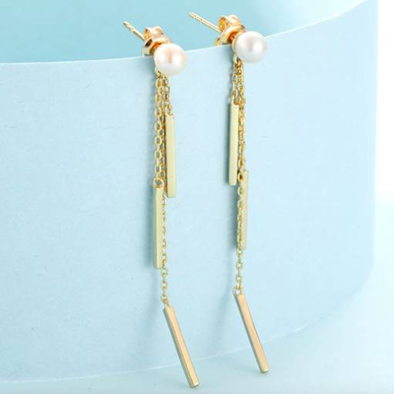 Gold-plated sterling silver tassel drop earrings with natural pearl