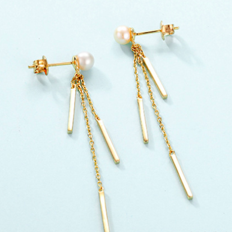 Gold-plated sterling silver tassel drop earrings with natural pearl