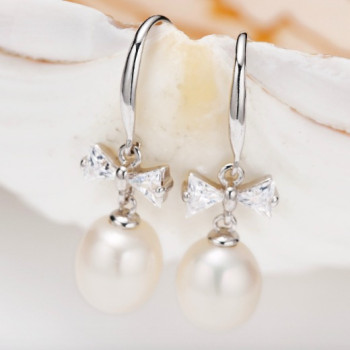 Freshwater Pearl Earrings On Sterling Silver Hooks With Bow
