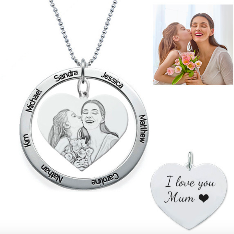 Custom Photo Engraved Heart Pendant Necklace Sterling silver heart-in-round photo engraved pendant necklace